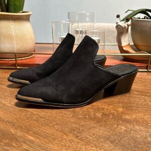 Vince Camuto black suede mules with metal toe detail